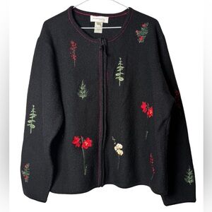 Y2K Susan Bristol 100% Wool Zipper Cardigan Floral Embroidery Vintage Women’s XL